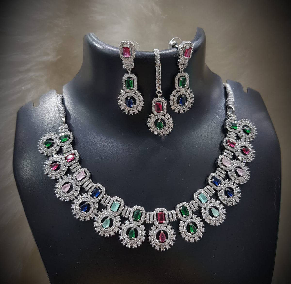 Silver-Plated Green Stone Necklace Set with Earrings | Designer Bridal & Party Wear Jewelry