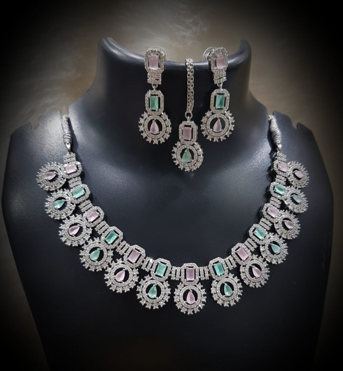 Silver-Plated Green Stone Necklace Set with Earrings | Designer Bridal & Party Wear Jewelry