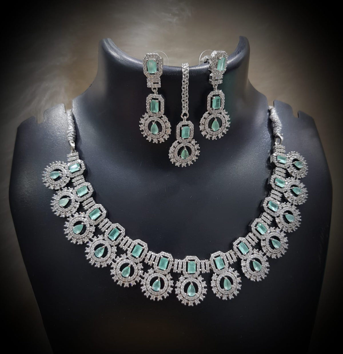 Silver-Plated Green Stone Necklace Set with Earrings | Designer Bridal & Party Wear Jewelry