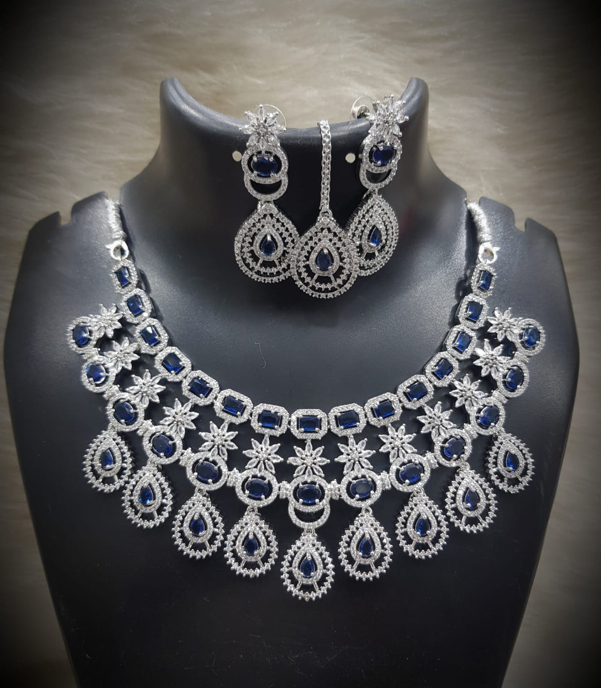 Silver-Plated Stone Necklace Set with Earrings & Maang Tikka | Designer Bridal & Party Wear Jewelry