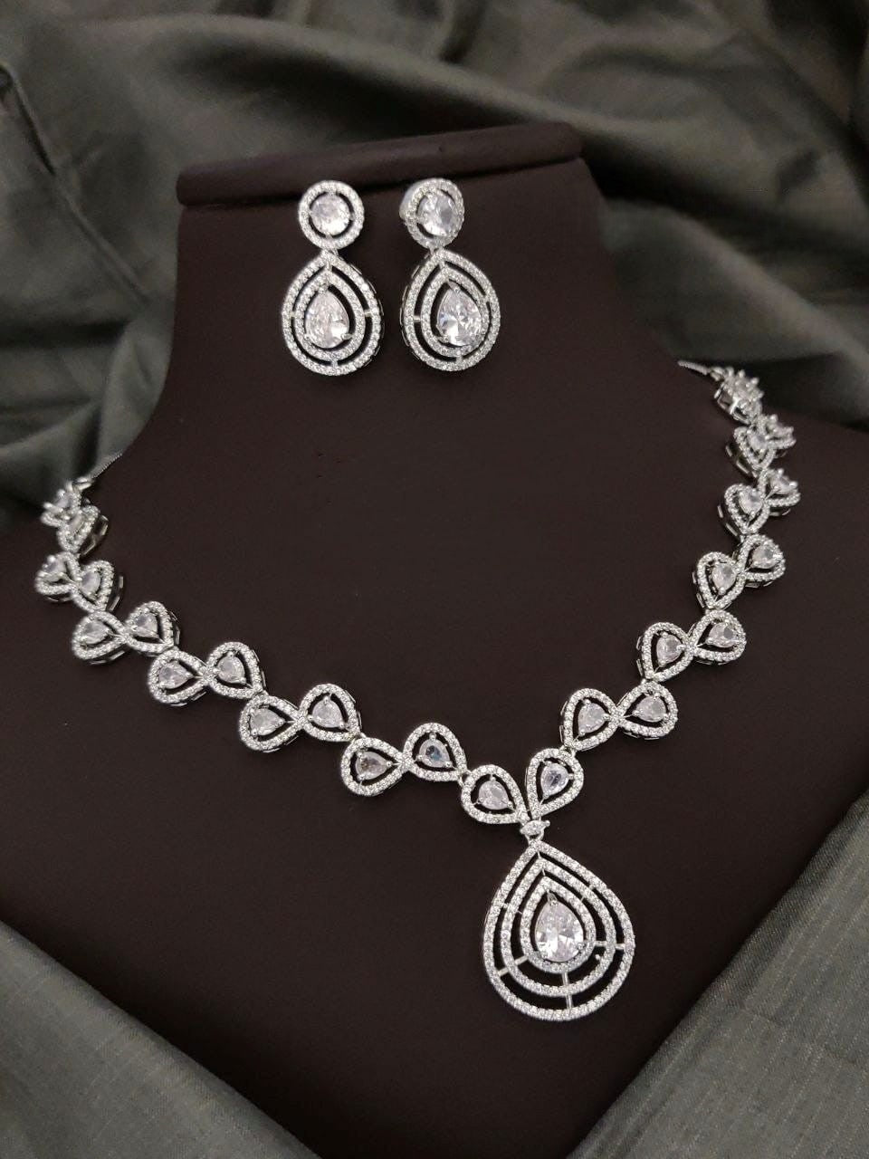 Silver-Plated Green Stone Necklace Set with Earrings | Elegant Bridal & Party Wear Jewelry