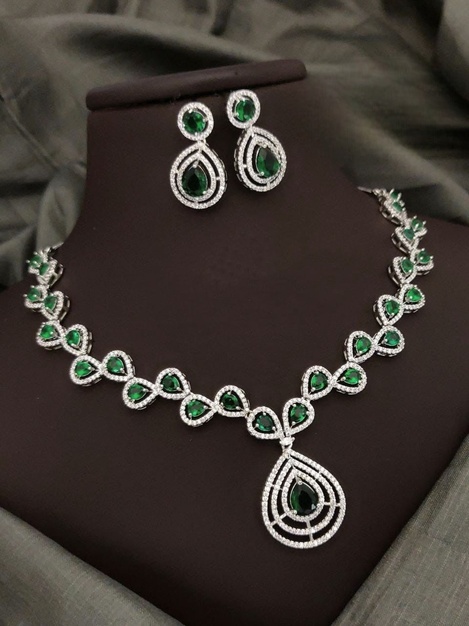 Silver-Plated Green Stone Necklace Set with Earrings | Elegant Bridal & Party Wear Jewelry