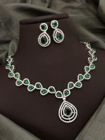 Silver-Plated Green Stone Necklace Set with Earrings | Elegant Bridal & Party Wear Jewelry