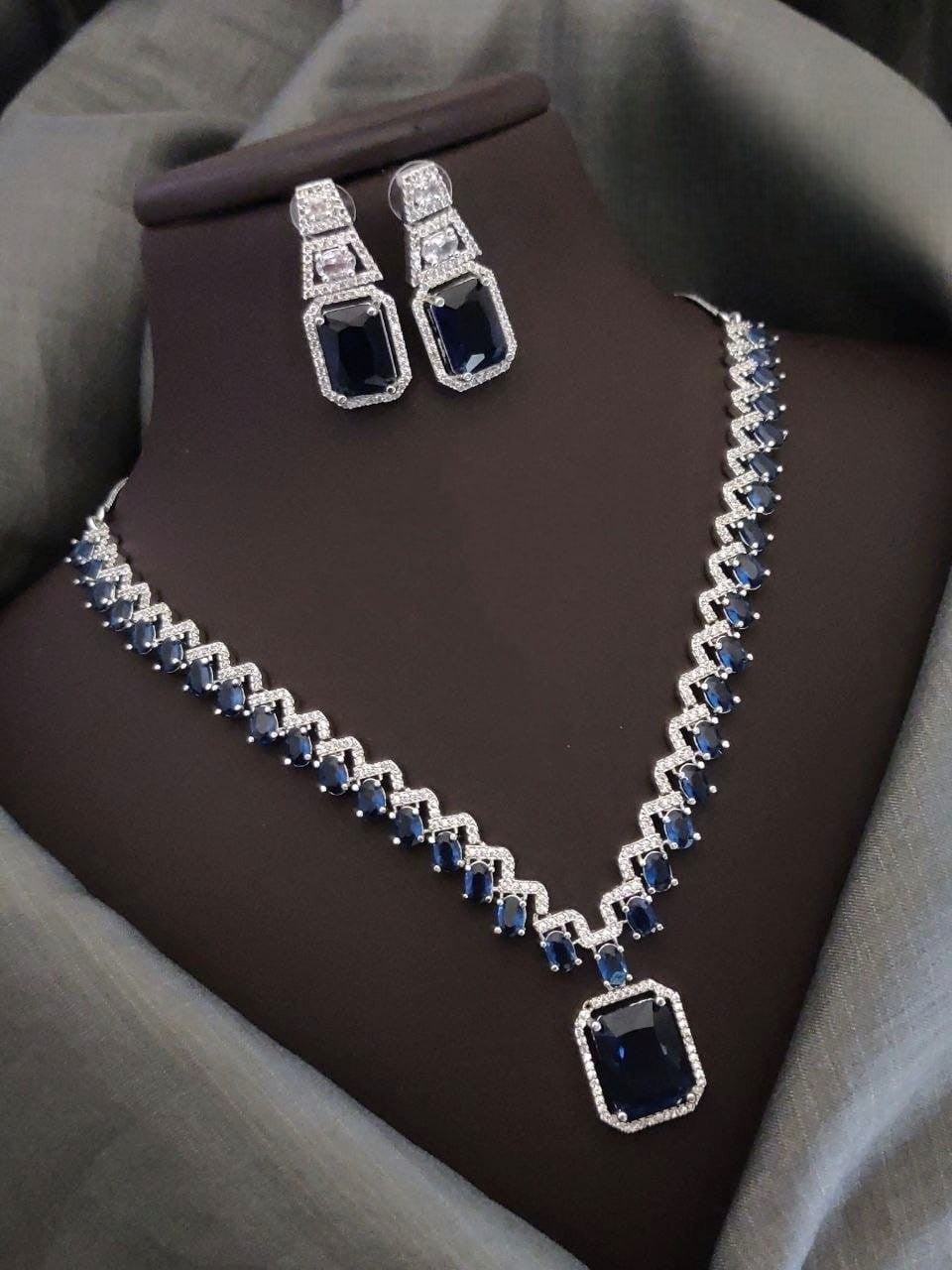 Silver-Plated Blue Stone Necklace Set with Earrings | Elegant Bridal & Party Wear Jewelry