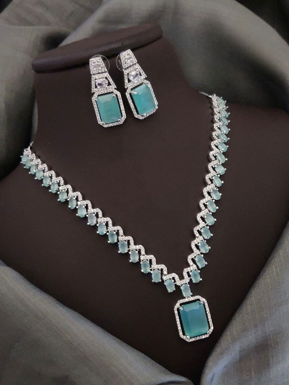Silver-Plated Blue Stone Necklace Set with Earrings | Elegant Bridal & Party Wear Jewelry
