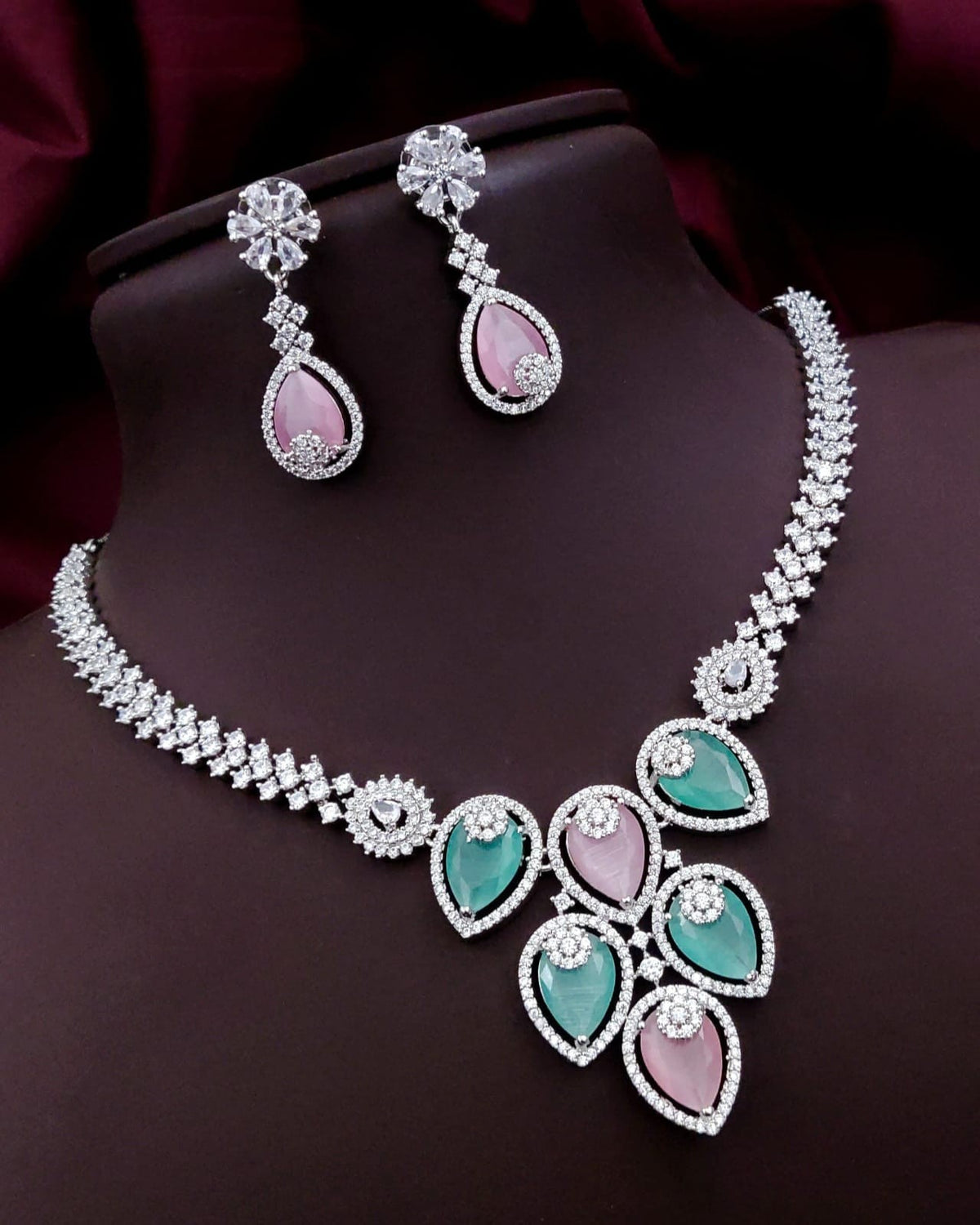 Silver-Plated Green Stone Necklace Set with Earrings | Bridal & Party Wear Designer Jewelry