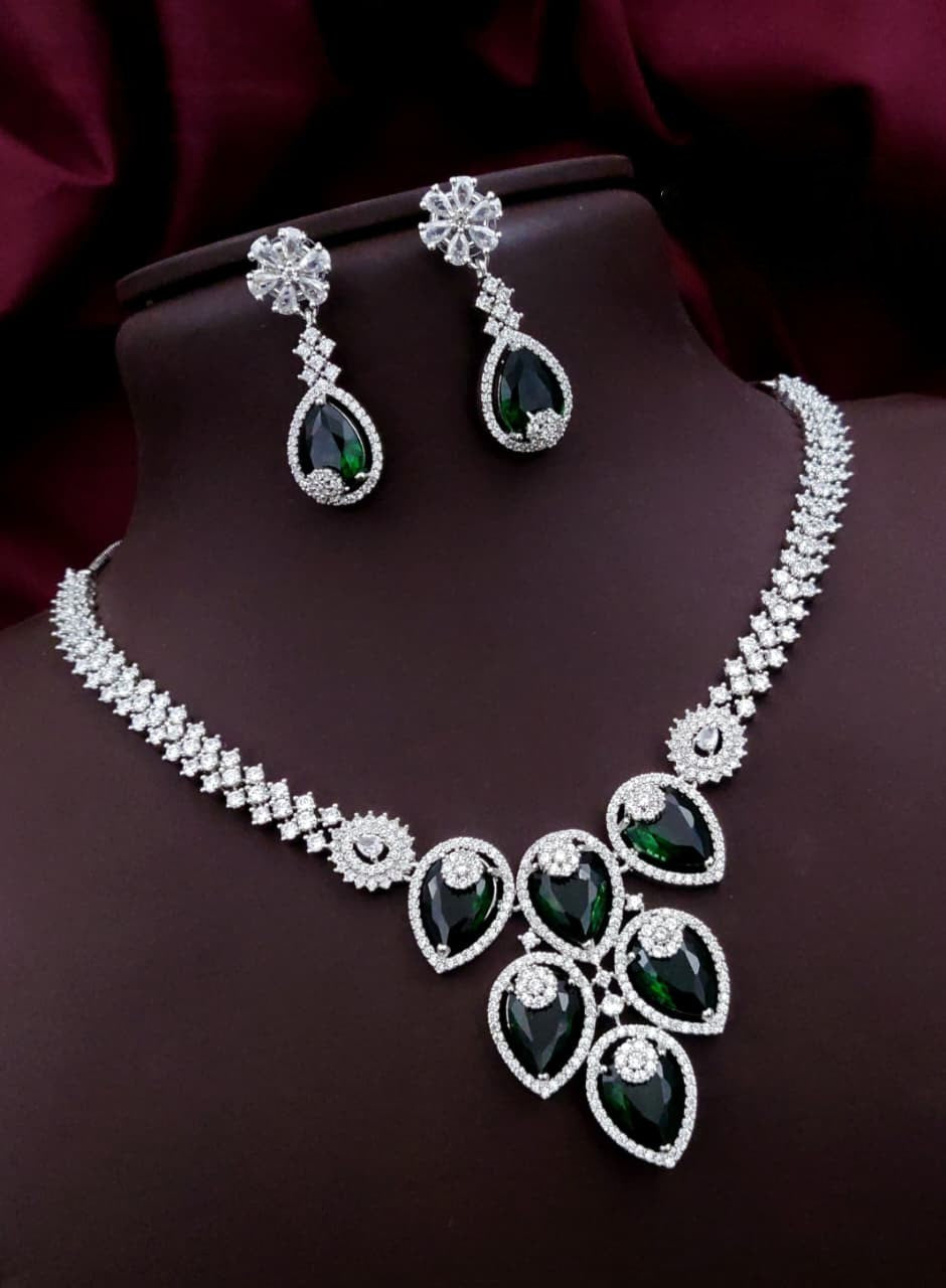 Silver-Plated Green Stone Necklace Set with Earrings | Bridal & Party Wear Designer Jewelry