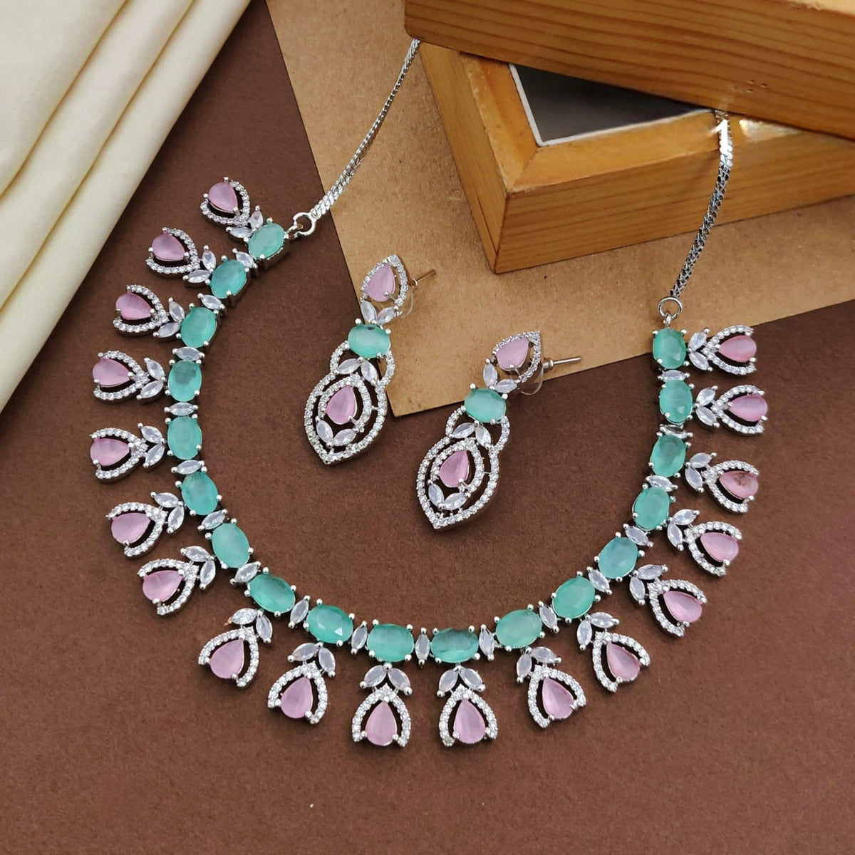 Silver-Plated Multicolor Stone Necklace Set with Earrings | Bridal & Party Wear Designer Jewelry