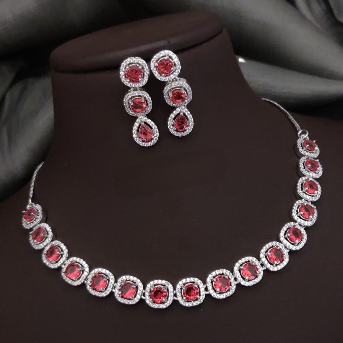 Silver-Plated Red Stone Necklace Set with Earrings | Elegant Bridal & Party Wear Jewelry