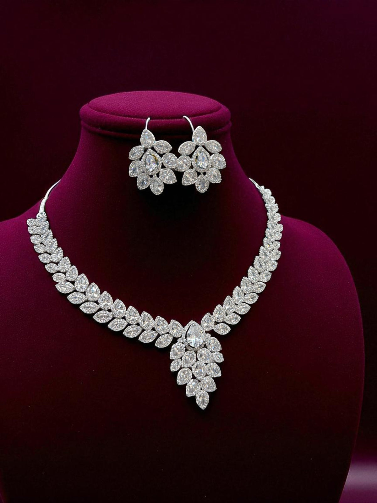 Magenta Teardrop CZ Necklace Set with Floral Earrings Silver-Toned Statement Bridal Jewelry