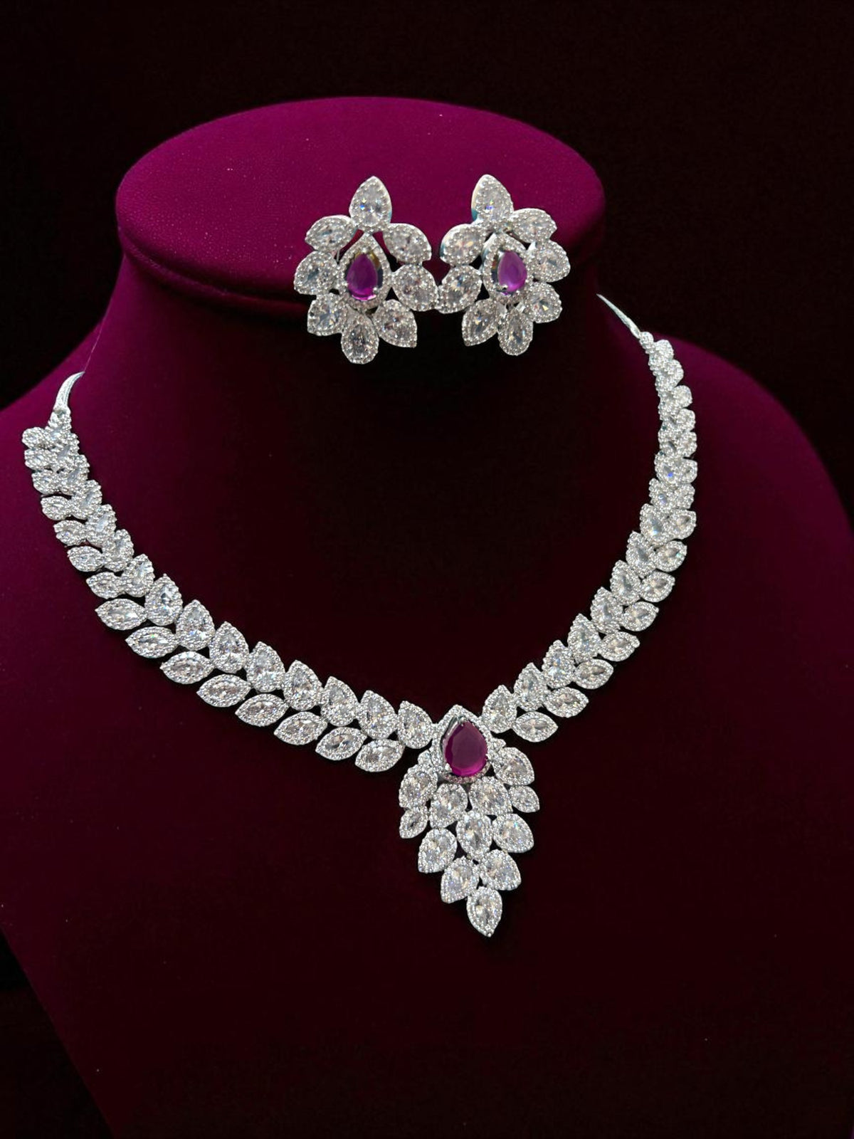 Magenta Teardrop CZ Necklace Set with Floral Earrings Silver-Toned Statement Bridal Jewelry
