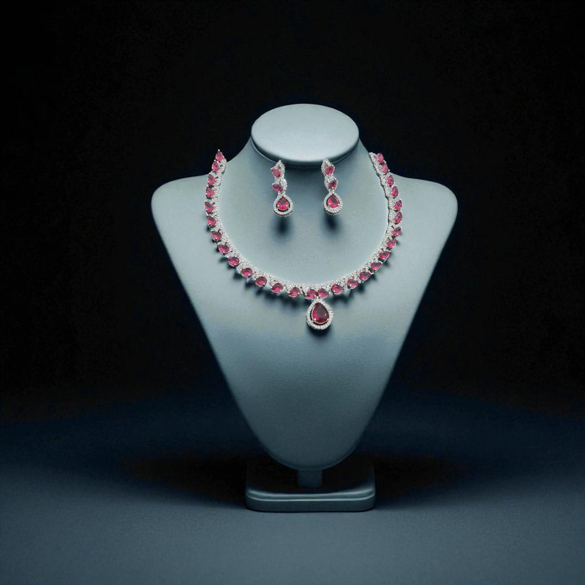 Silver-Plated Red Stone Necklace Set with Earrings | Bridal & Party Wear Designer Jewelry