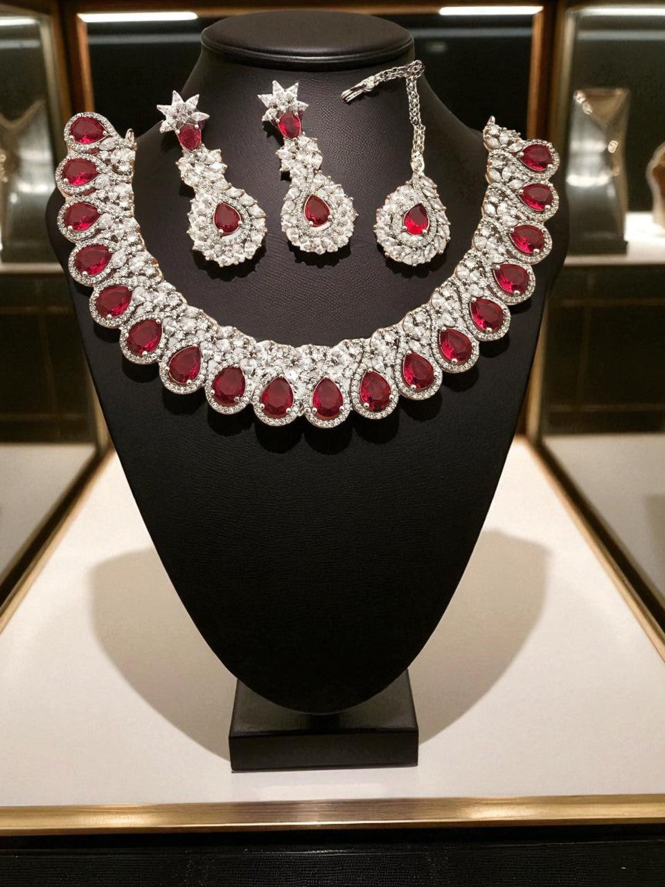 Silver-Plated Ruby Stone Necklace Set with Earrings & Maang Tikka | Bridal Wedding Jewelry