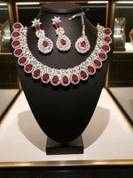 Silver-Plated Ruby Stone Necklace Set with Earrings & Maang Tikka | Bridal Wedding Jewelry