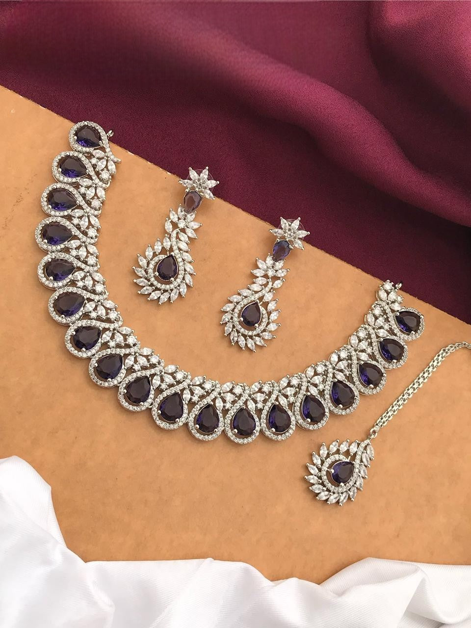 Silver-Plated Ruby Stone Necklace Set with Earrings & Maang Tikka | Bridal Wedding Jewelry