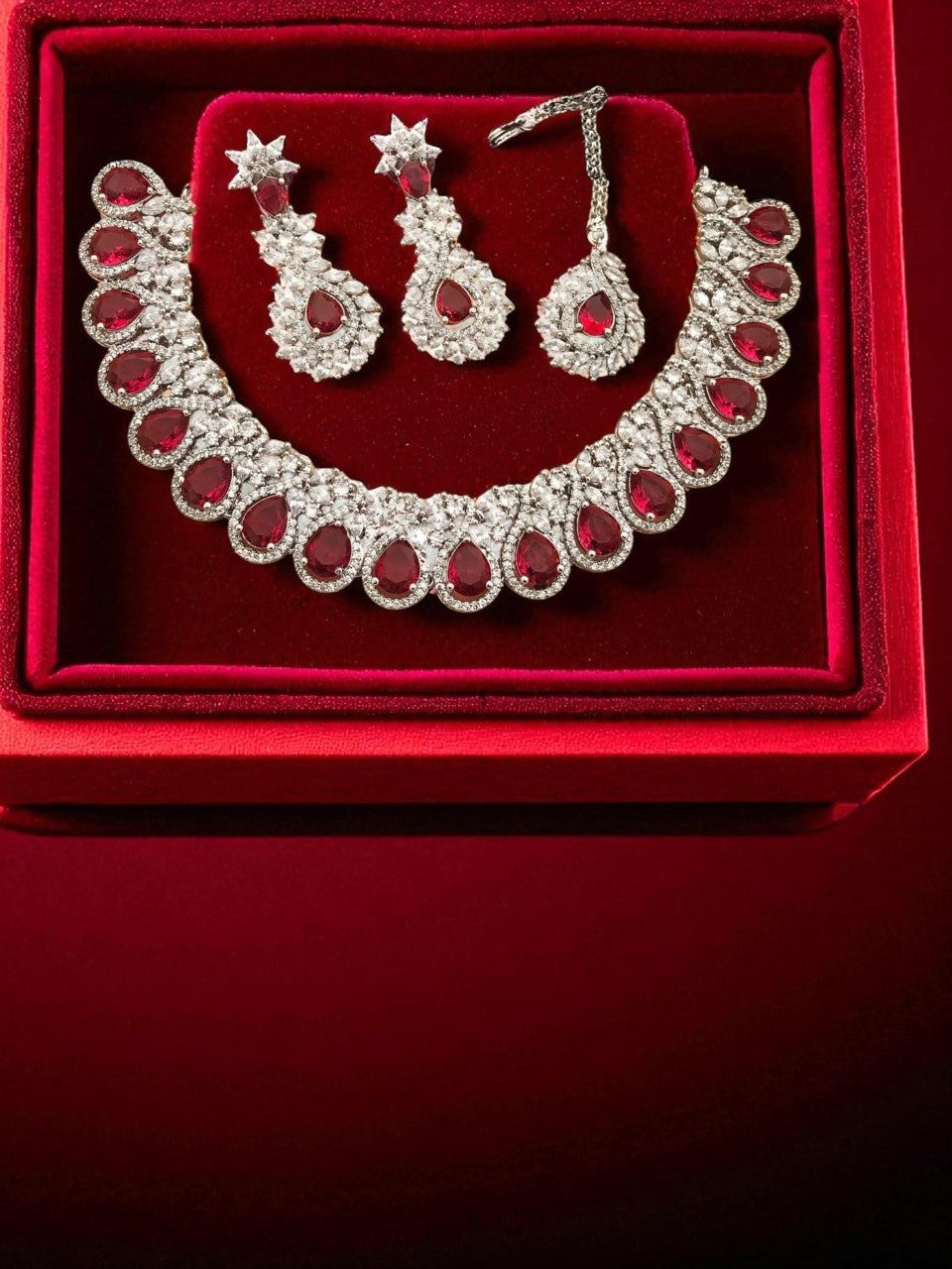 Silver-Plated Ruby Stone Necklace Set with Earrings & Maang Tikka | Bridal Wedding Jewelry