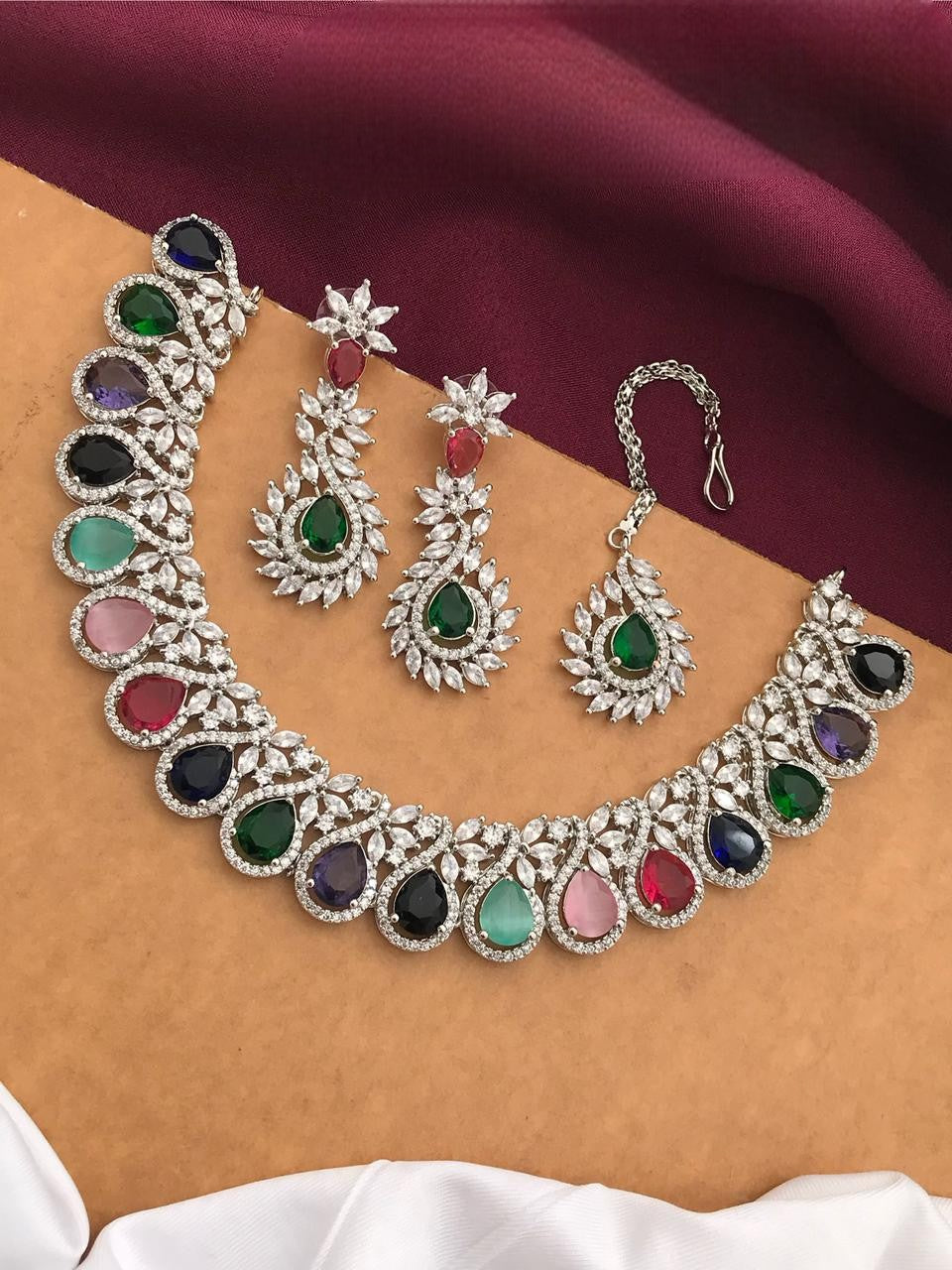 Silver-Plated Ruby Stone Necklace Set with Earrings & Maang Tikka | Bridal Wedding Jewelry