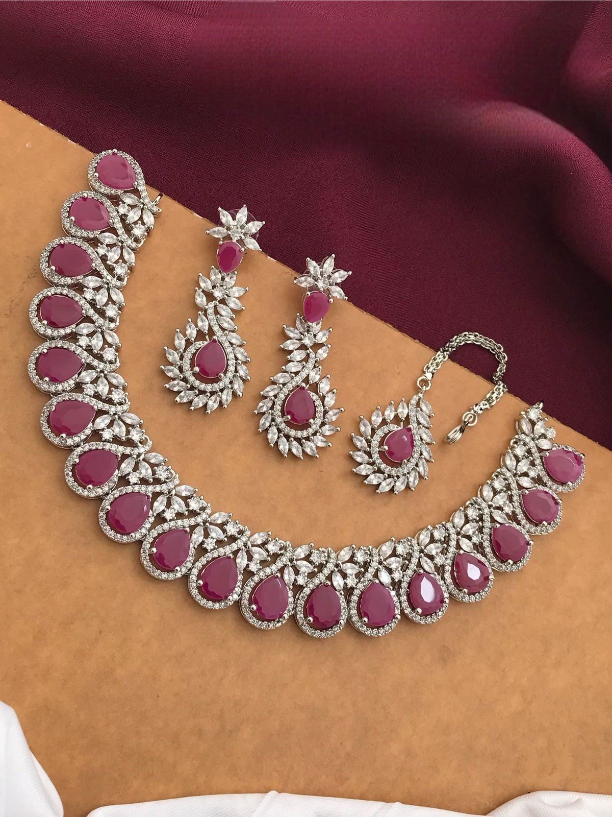 Silver-Plated Ruby Stone Necklace Set with Earrings & Maang Tikka | Bridal Wedding Jewelry