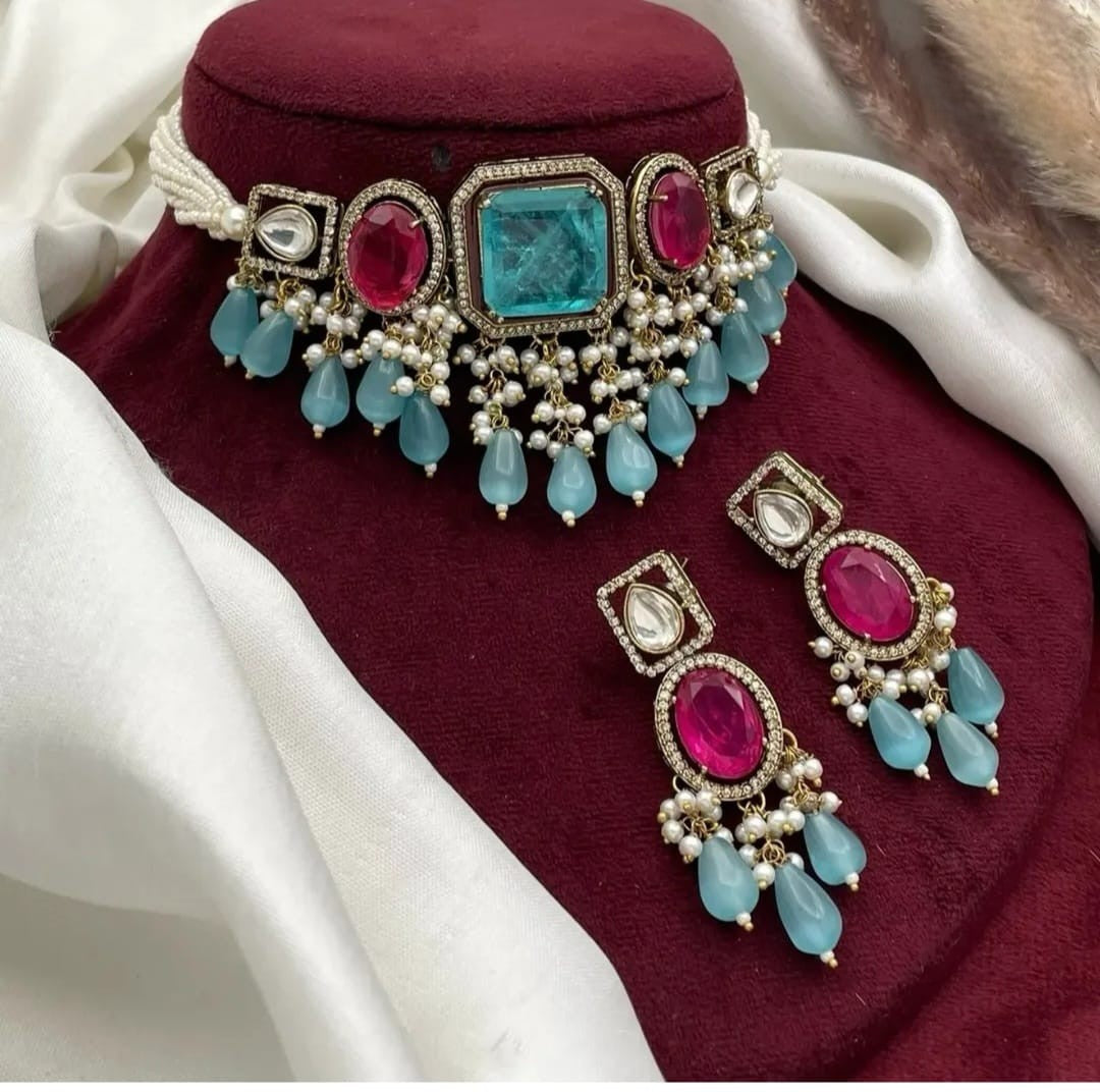 Green Kundan Choker Necklace Set with Earrings | Pearl & Beaded Indian Bridal Jewelry