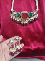 Green Kundan Choker Necklace Set with Earrings | Pearl & Beaded Indian Bridal Jewelry