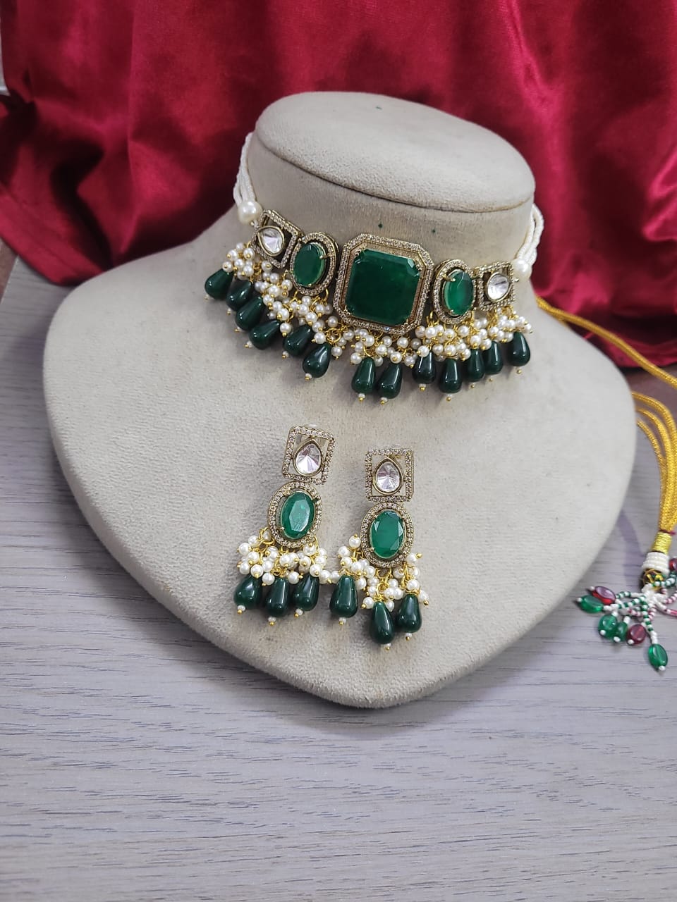 Green Kundan Choker Necklace Set with Earrings | Pearl & Beaded Indian Bridal Jewelry