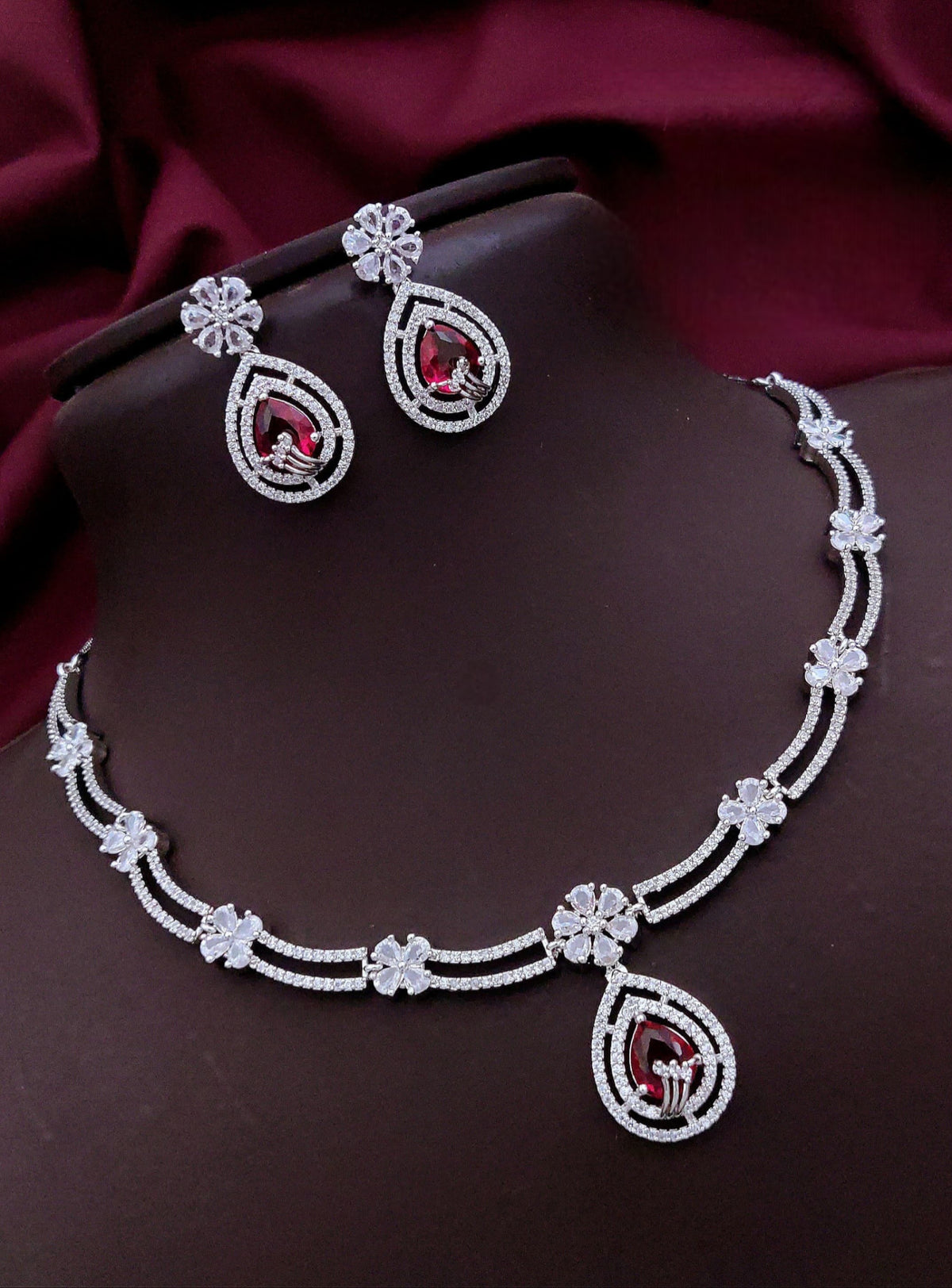Silver-Plated Pink Stone Necklace & Earrings Set | Elegant Bridal & Party Wear Jewelry for Women
