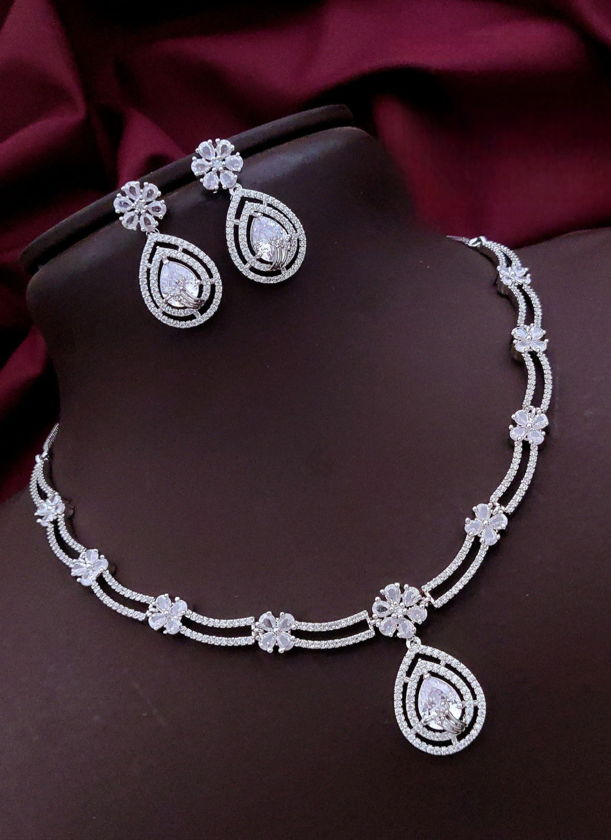 Silver-Plated Pink Stone Necklace & Earrings Set | Elegant Bridal & Party Wear Jewelry for Women