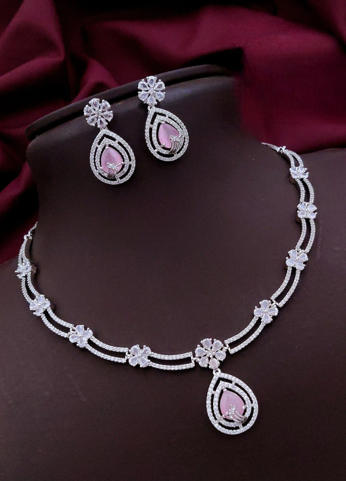 Silver-Plated Pink Stone Necklace & Earrings Set | Elegant Bridal & Party Wear Jewelry for Women