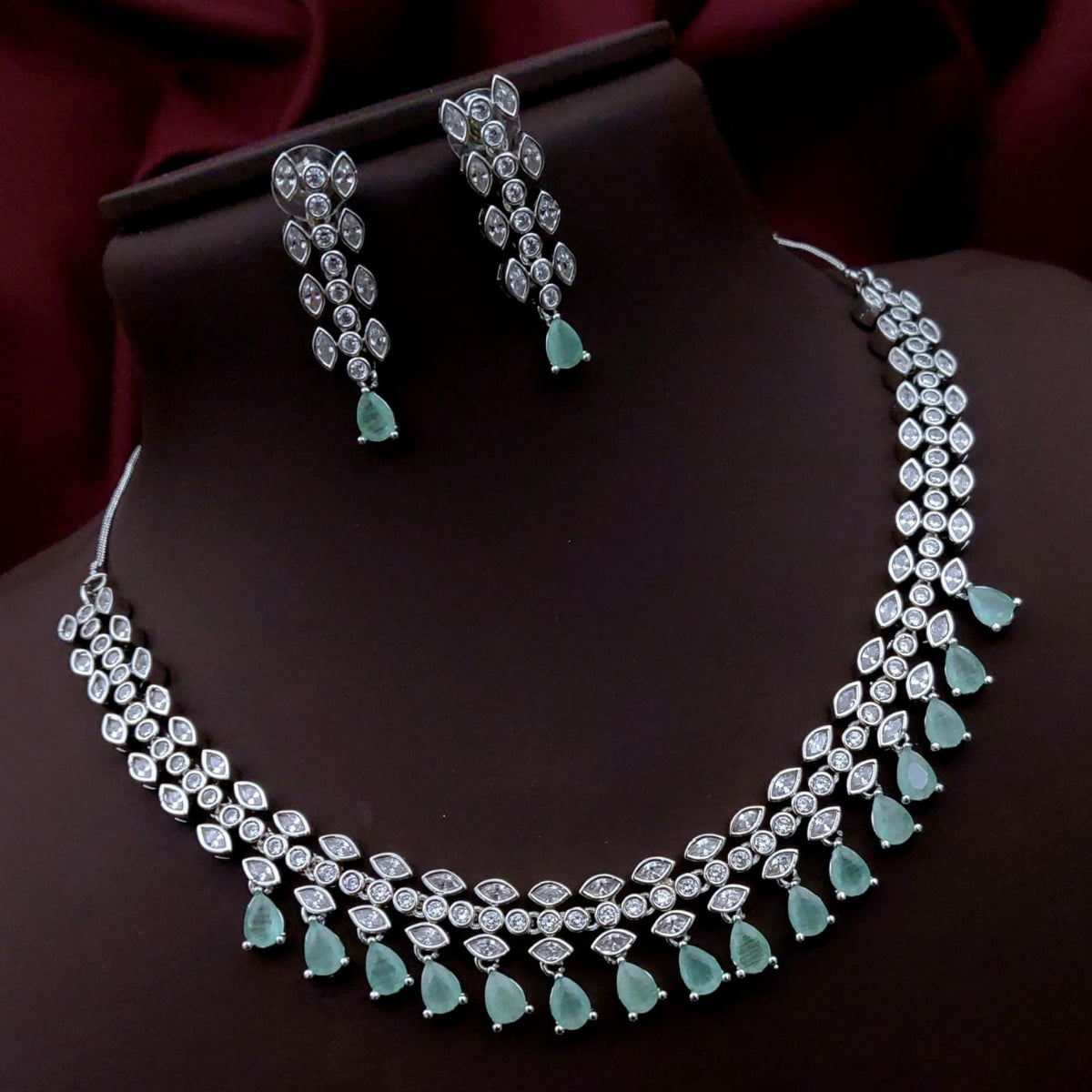 Silver-Plated Green Stone Necklace & Earrings Set | Elegant Bridal & Party Wear Jewelry for Women