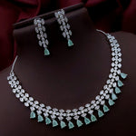 Silver-Plated Green Stone Necklace & Earrings Set | Elegant Bridal & Party Wear Jewelry for Women