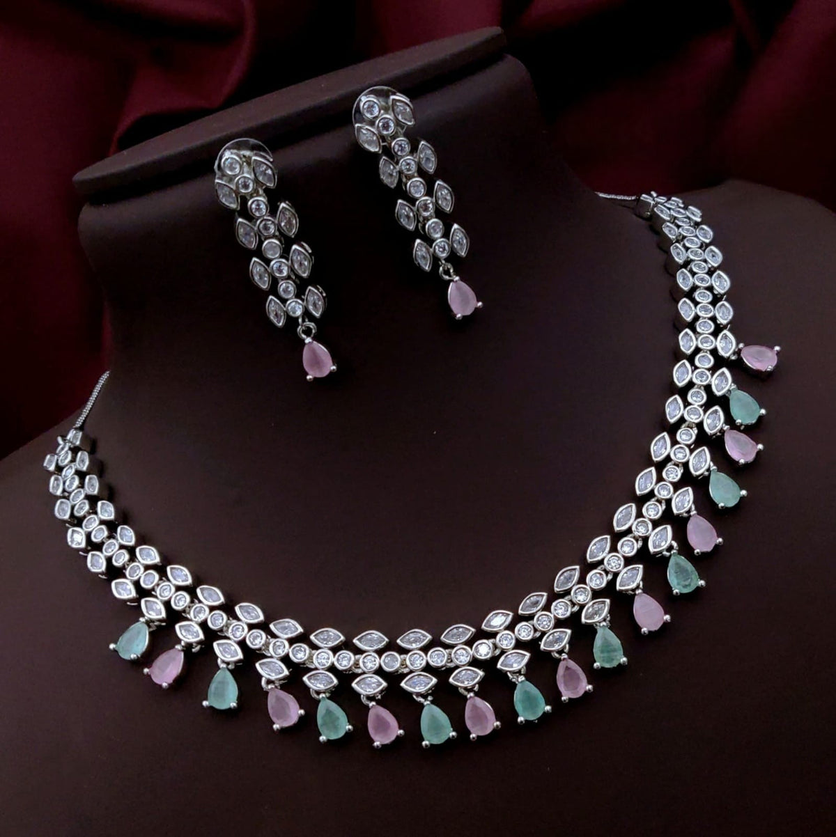 Silver-Plated Green Stone Necklace & Earrings Set | Elegant Bridal & Party Wear Jewelry for Women
