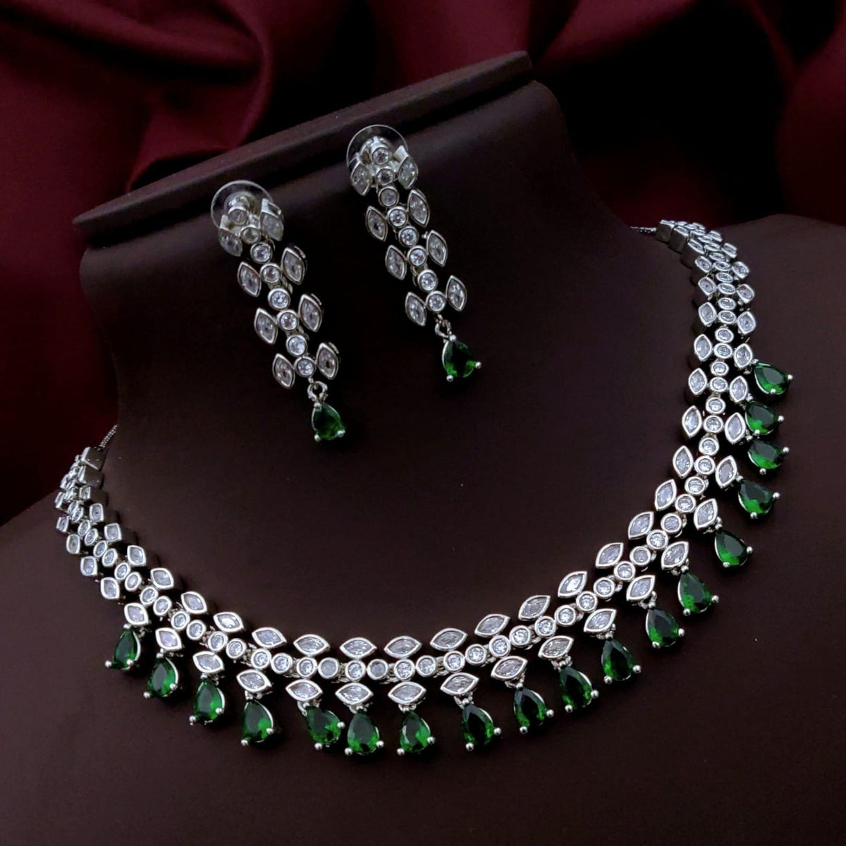 Silver-Plated Green Stone Necklace & Earrings Set | Elegant Bridal & Party Wear Jewelry for Women