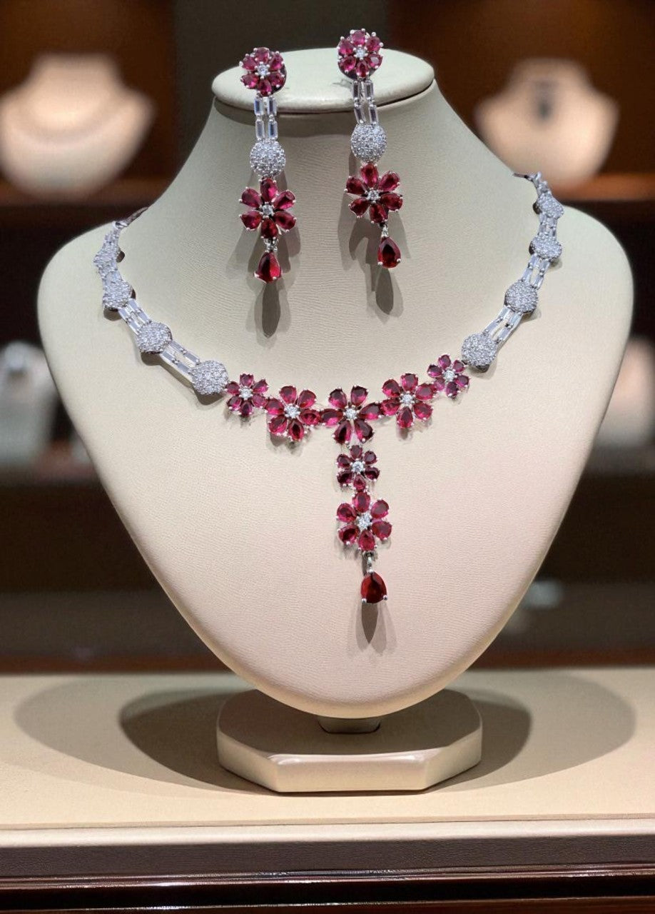 Silver-Plated Purple Stone Floral Necklace & Earrings Set | Elegant Bridal & Party Wear Jewelry for Women