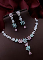 Silver-Plated Purple Stone Floral Necklace & Earrings Set | Elegant Bridal & Party Wear Jewelry for Women