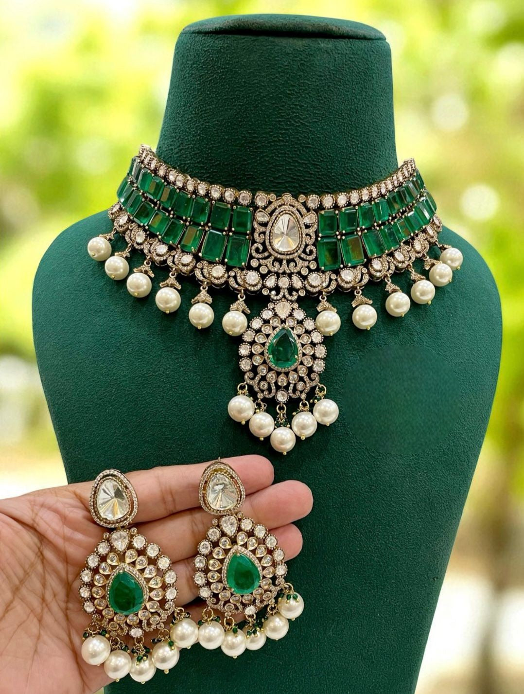Emerald Green Kundan Choker Necklace Set with Pearls & Matching Earrings
