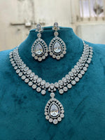 Luxury Teardrop CZ Diamond Choker Necklace Set with Earrings Silver-Toned Bridal Jewelry