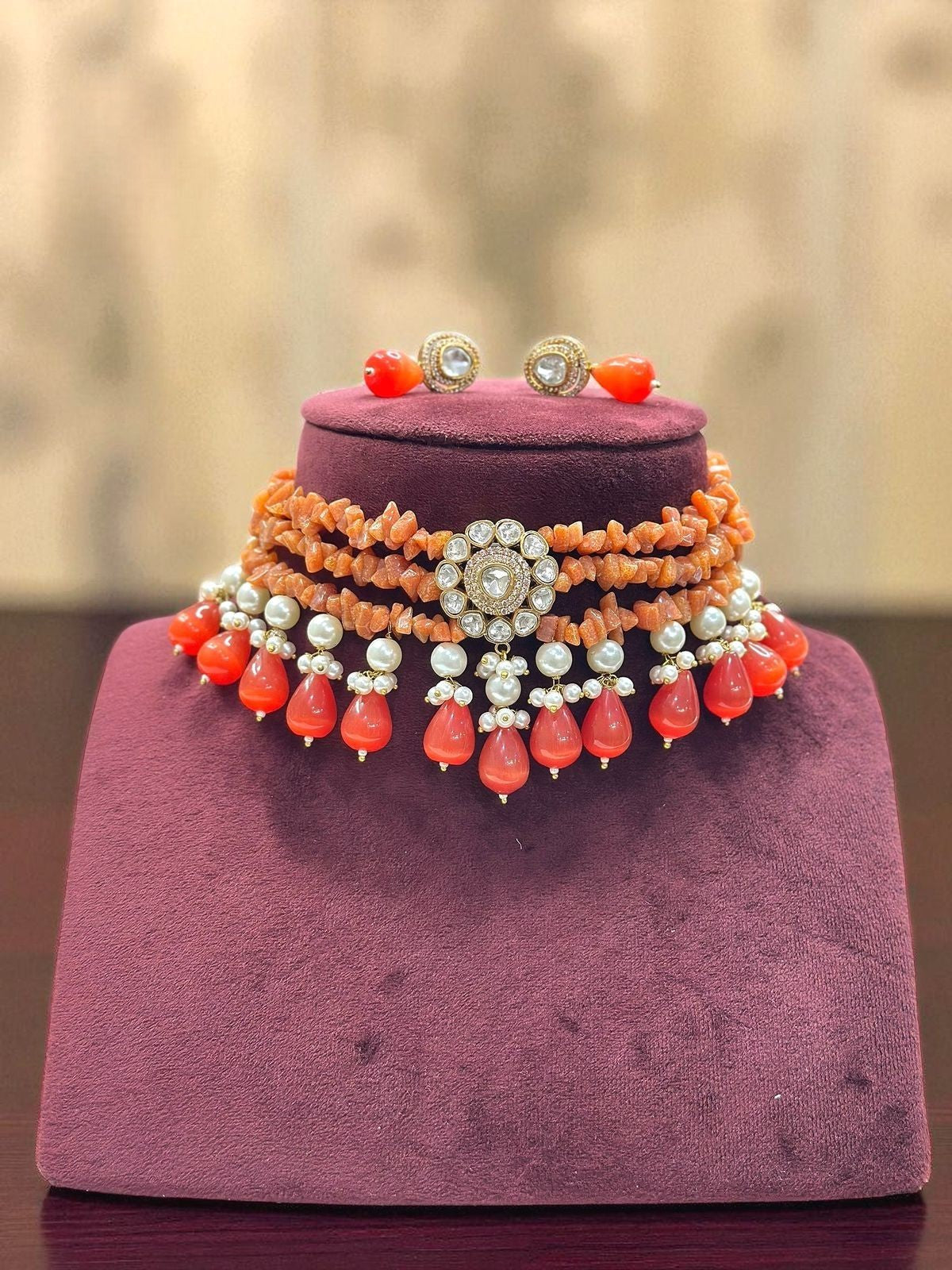 Handcrafted Coral Beaded Choker Necklace Set with Pearls & Kundan Centerpiece – Designer Ethnic Jewelry