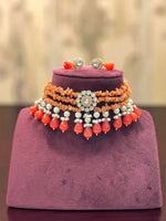 Handcrafted Coral Beaded Choker Necklace Set with Pearls & Kundan Centerpiece – Designer Ethnic Jewelry