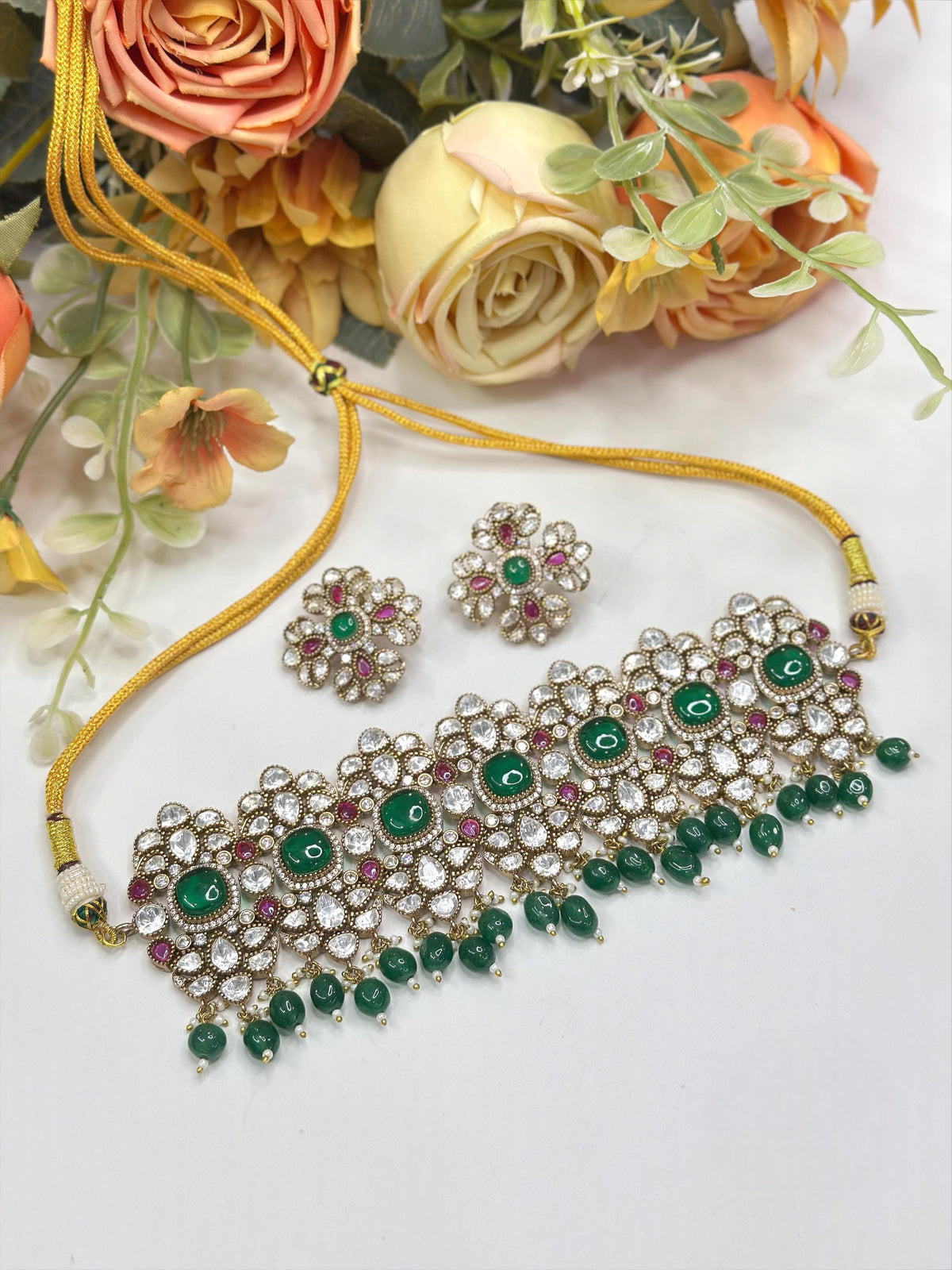 Luxury Kundan Choker Necklace Set with Ruby Red Stones & Pearl Drops – Bridal & Festive Jewelry
