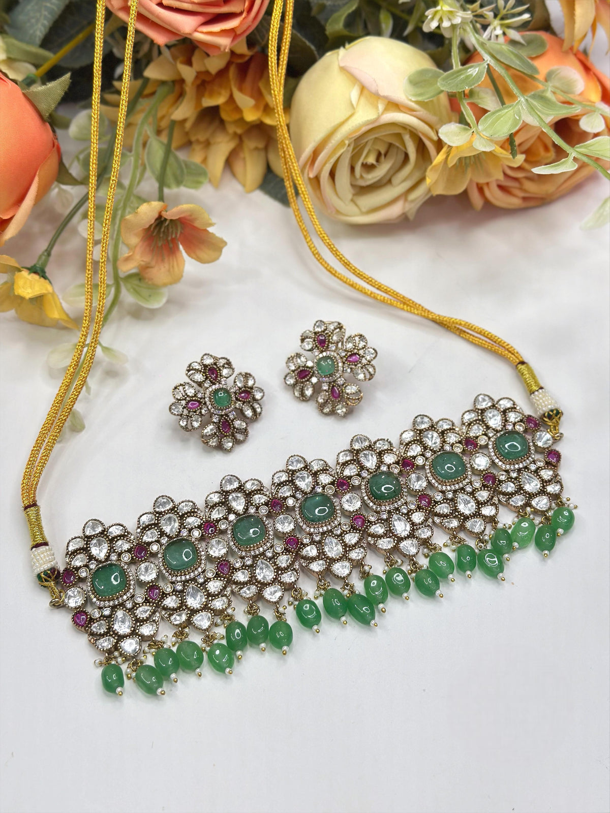 Luxury Kundan Choker Necklace Set with Ruby Red Stones & Pearl Drops – Bridal & Festive Jewelry
