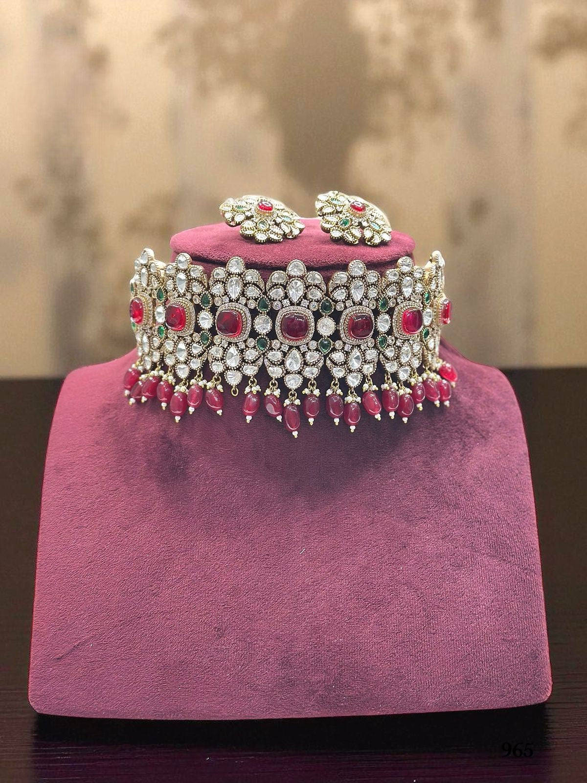 Luxury Kundan Choker Necklace Set with Ruby Red Stones & Pearl Drops – Bridal & Festive Jewelry