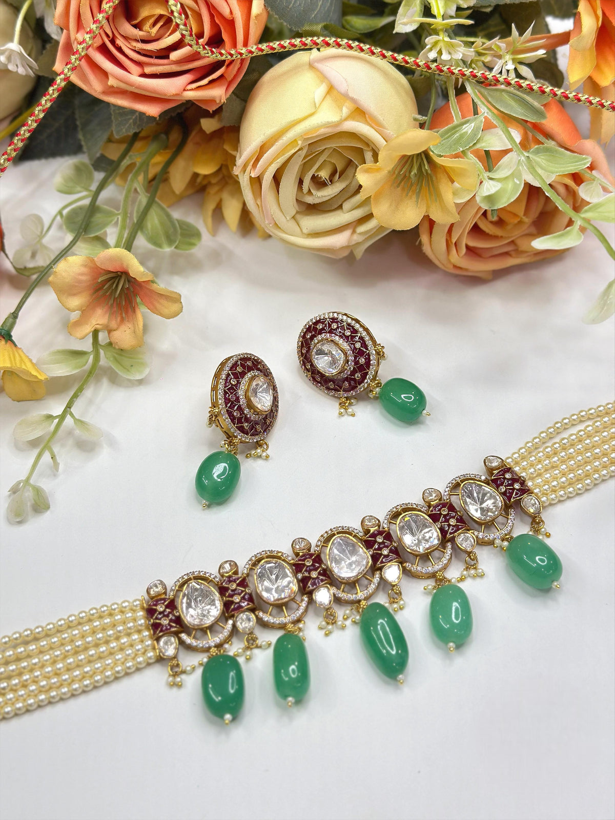 Elegant Pearl & Kundan Choker Necklace Set with Green Beads and Ruby Detailing – Traditional Festive Jewelry