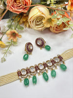 Elegant Pearl & Kundan Choker Necklace Set with Green Beads and Ruby Detailing – Traditional Festive Jewelry