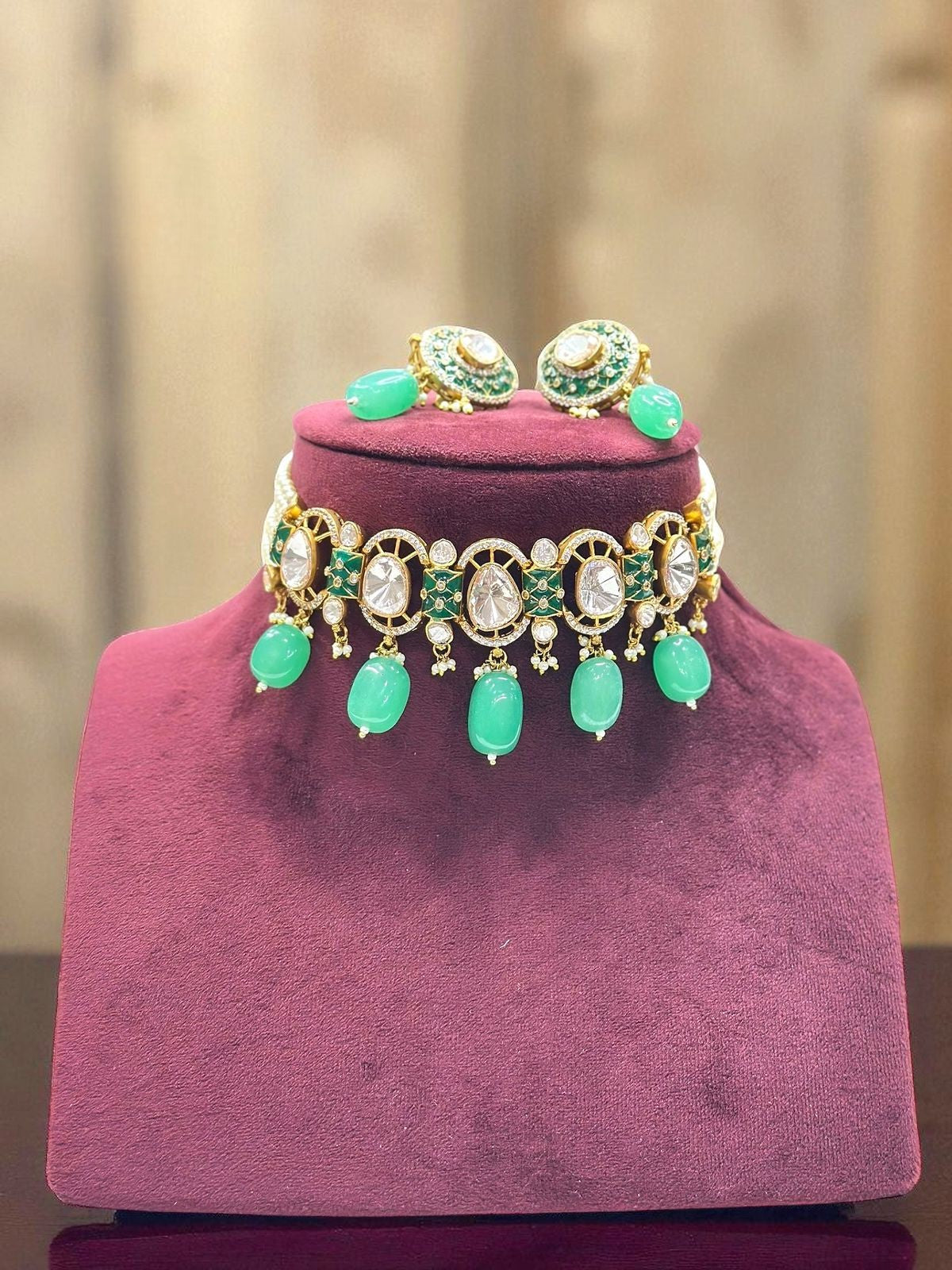 Elegant Pearl & Kundan Choker Necklace Set with Green Beads and Ruby Detailing – Traditional Festive Jewelry