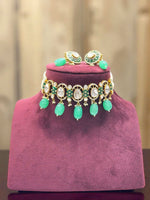 Elegant Pearl & Kundan Choker Necklace Set with Green Beads and Ruby Detailing – Traditional Festive Jewelry