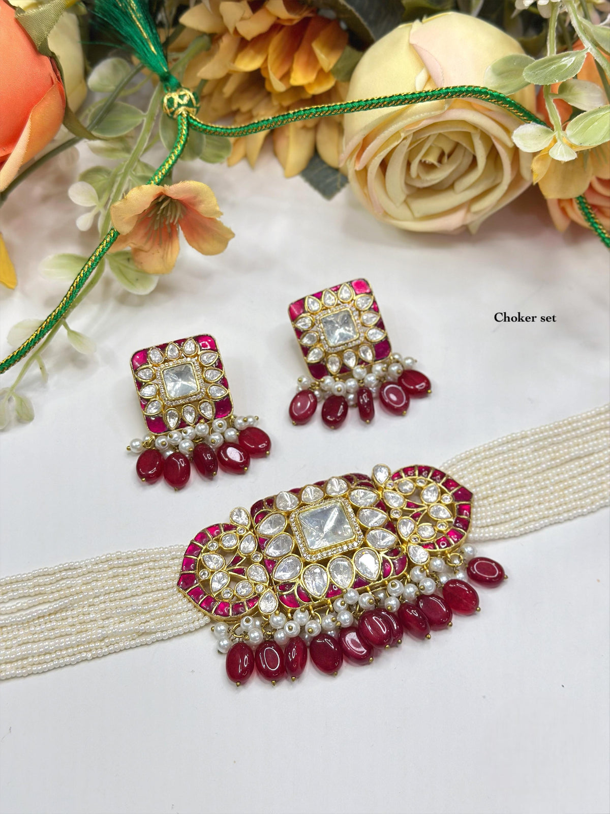 Pearl & Kundan Green Choker Necklace Set – Elegant Bridal Jewelry with Beaded Detailing