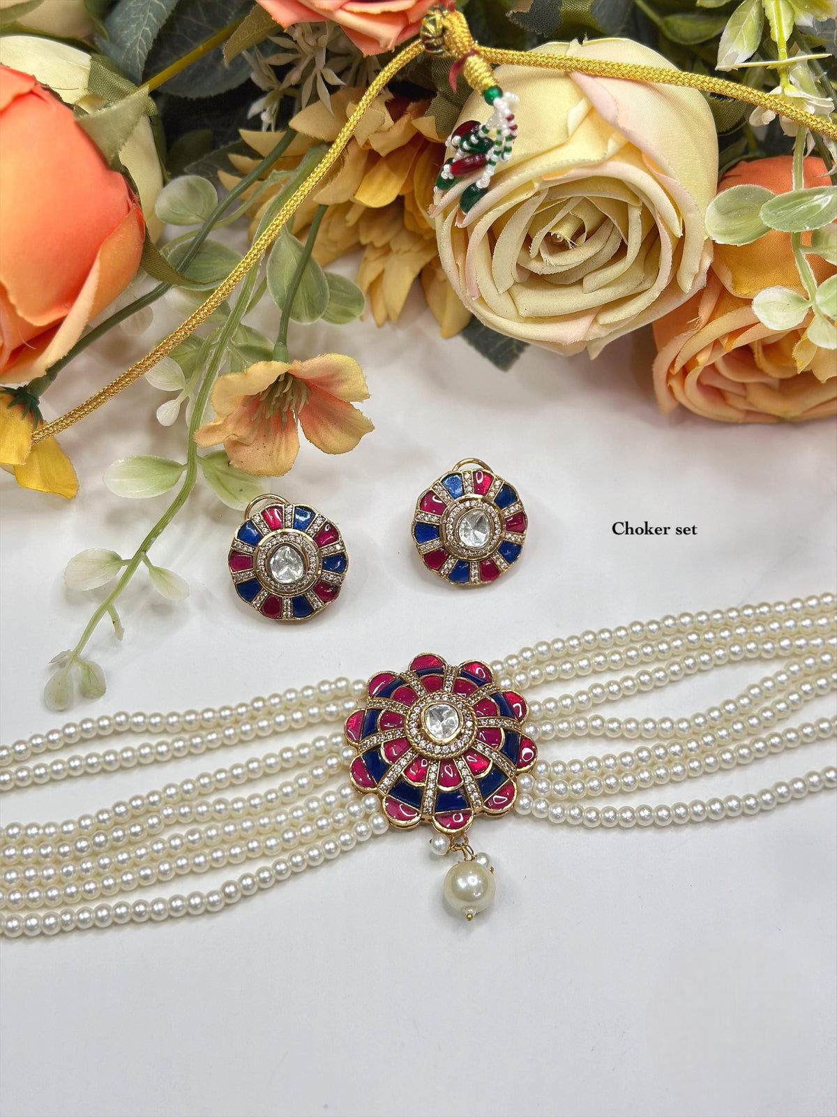 Elegant Pearl Strand Choker Set with Red & Green Meenakari Floral Pendant