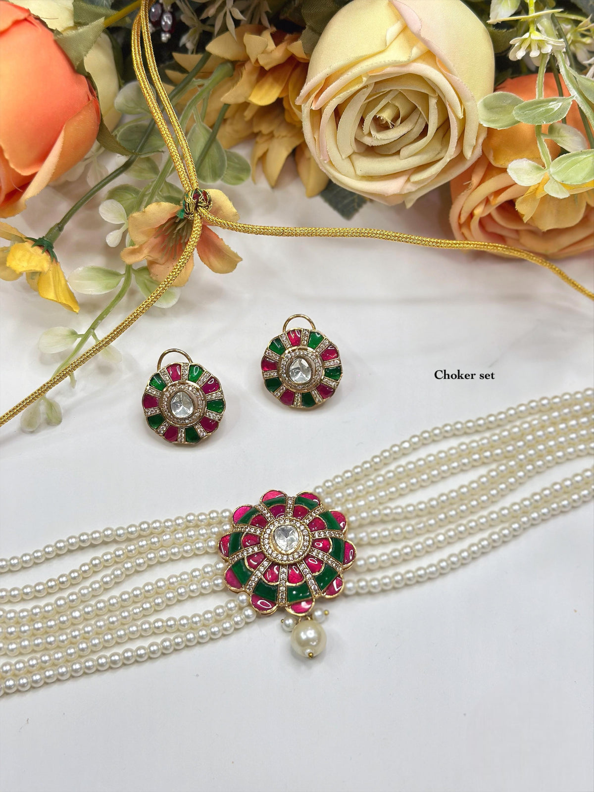 Elegant Pearl Strand Choker Set with Red & Green Meenakari Floral Pendant