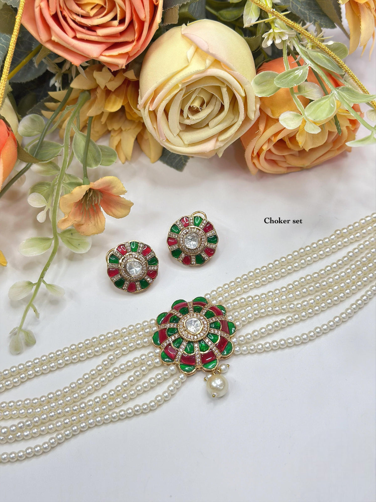 Elegant Pearl Strand Choker Set with Red & Green Meenakari Floral Pendant