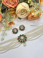 Elegant Pearl Strand Choker Set with Red & Green Meenakari Floral Pendant